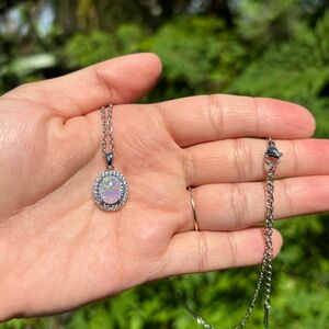 18K White Gold Plated Stainless Steel Diamond Necklace with Opal Stone